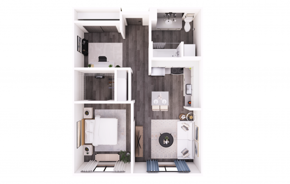 1x1 + Den A - 1 bedroom floorplan layout with 1 bath and 497 to 752 square feet.