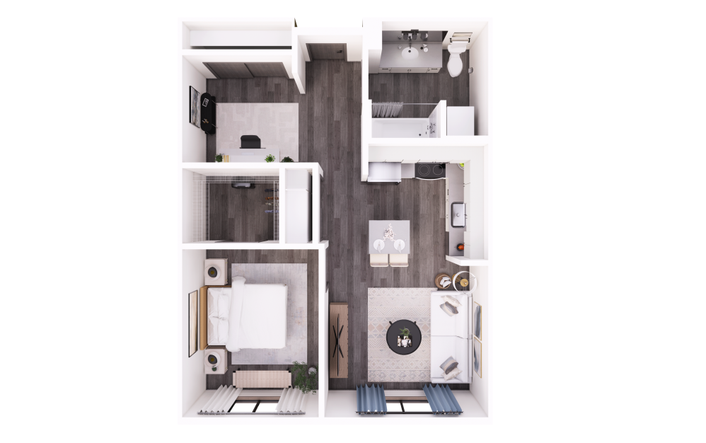 1x1 + Den A - 1 bedroom floorplan layout with 1 bathroom and 497 - 752 square feet