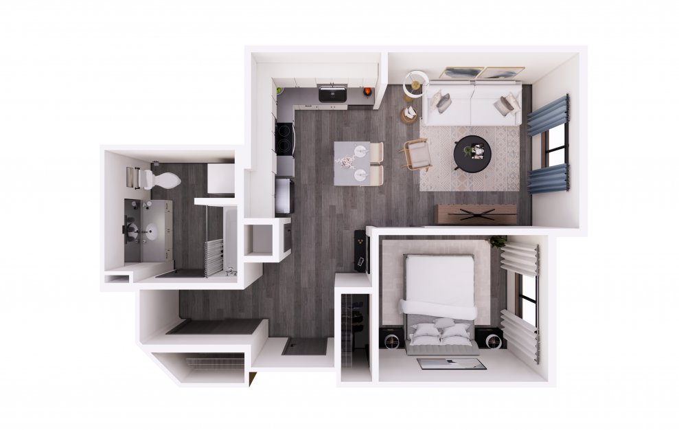 1x1 B - 1 bedroom floorplan layout with 1 bath and 594 square feet.