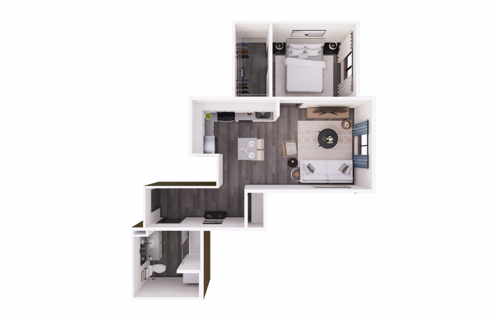 1x1 D - 1 bedroom floorplan layout with 1 bath and 608 square feet.