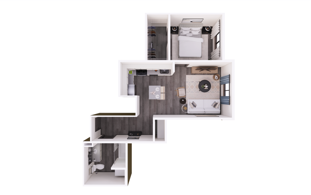 1x1 D - 1 bedroom floorplan layout with 1 bathroom and 608 square feet