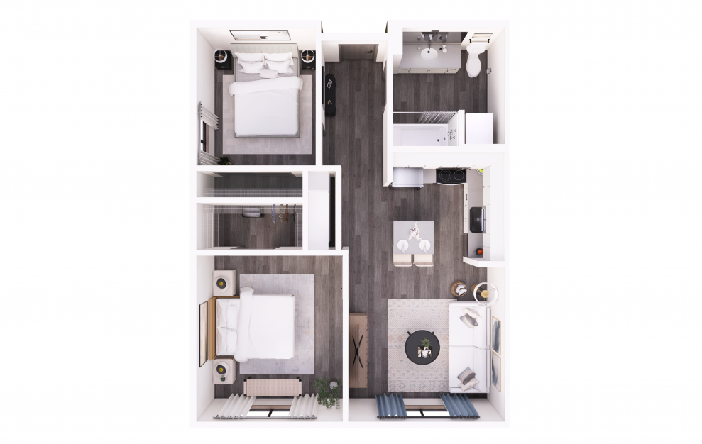 2x1 D - 2 bedroom floorplan layout with 1 bath and 747 square feet.