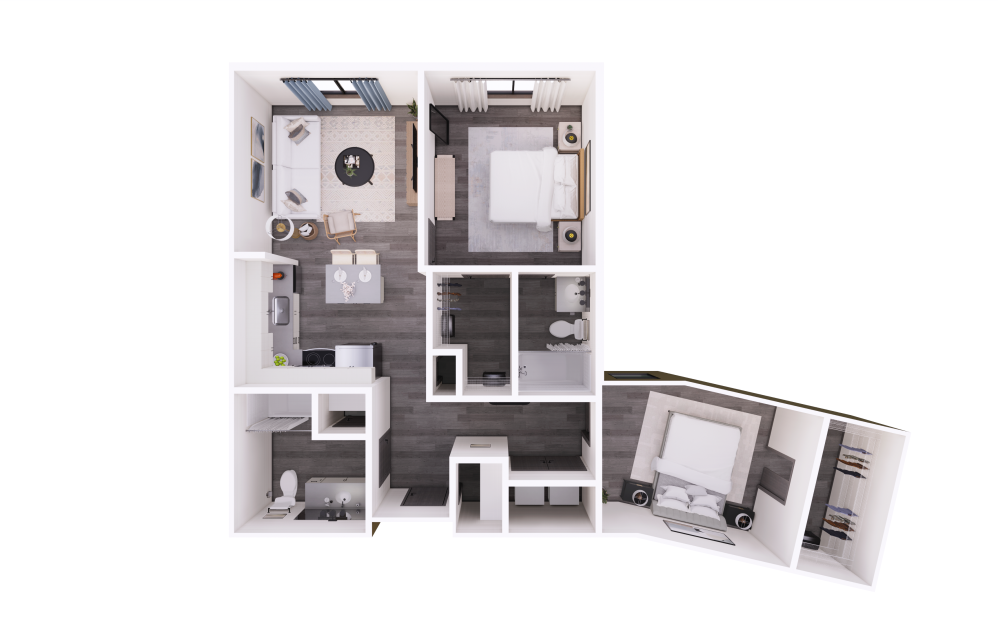 2x2 D - 2 bedroom floorplan layout with 2 bathrooms and 932 - 975 square feet