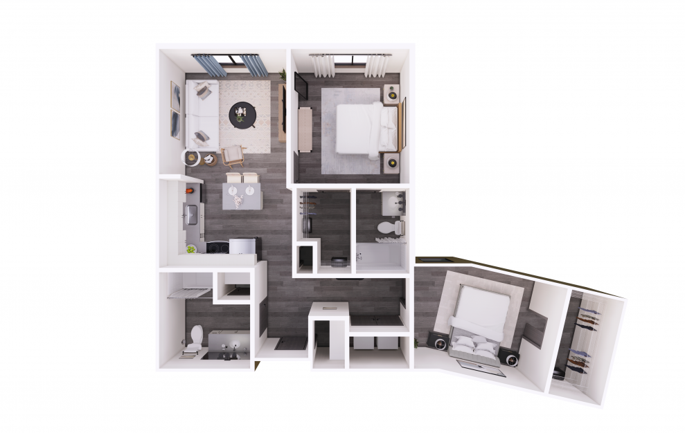 2x2 D - 2 bedroom floorplan layout with 2 baths and 932 to 975 square feet.