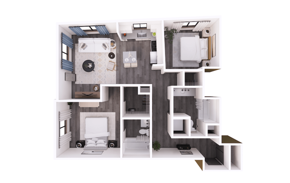 2x2 E - 2 bedroom floorplan layout with 2 baths and 1026 to 1065 square feet.