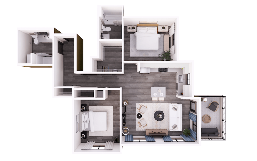 2x2 F - 2 bedroom floorplan layout with 2 bathrooms and 1098 square feet