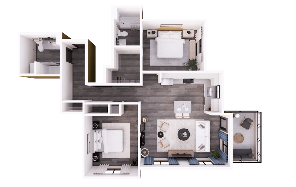2x2 F - 2 bedroom floorplan layout with 2 baths and 1098 square feet.