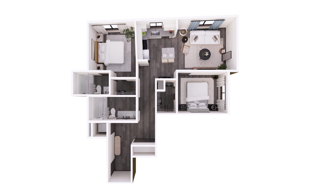 2x2 G - 2 bedroom floorplan layout with 2 bathrooms and 921 - 956 square feet