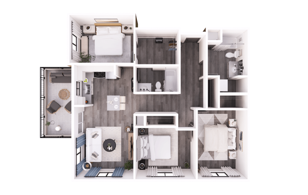 3x2 A - 3 bedroom floorplan layout with 2 baths and 1143 square feet.
