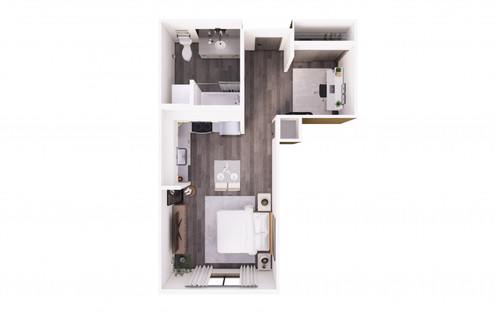 Studio + Den B - Studio floorplan layout with 1 bath and 463 to 628 square feet.